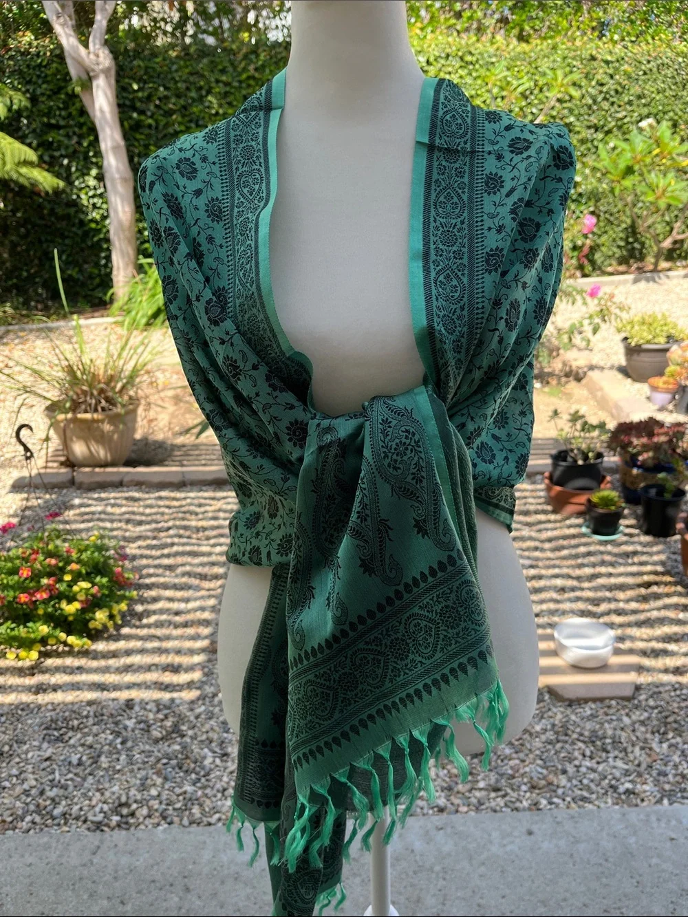 NWOT Silk India Teal Wrap Scarf Flowy with Fringe